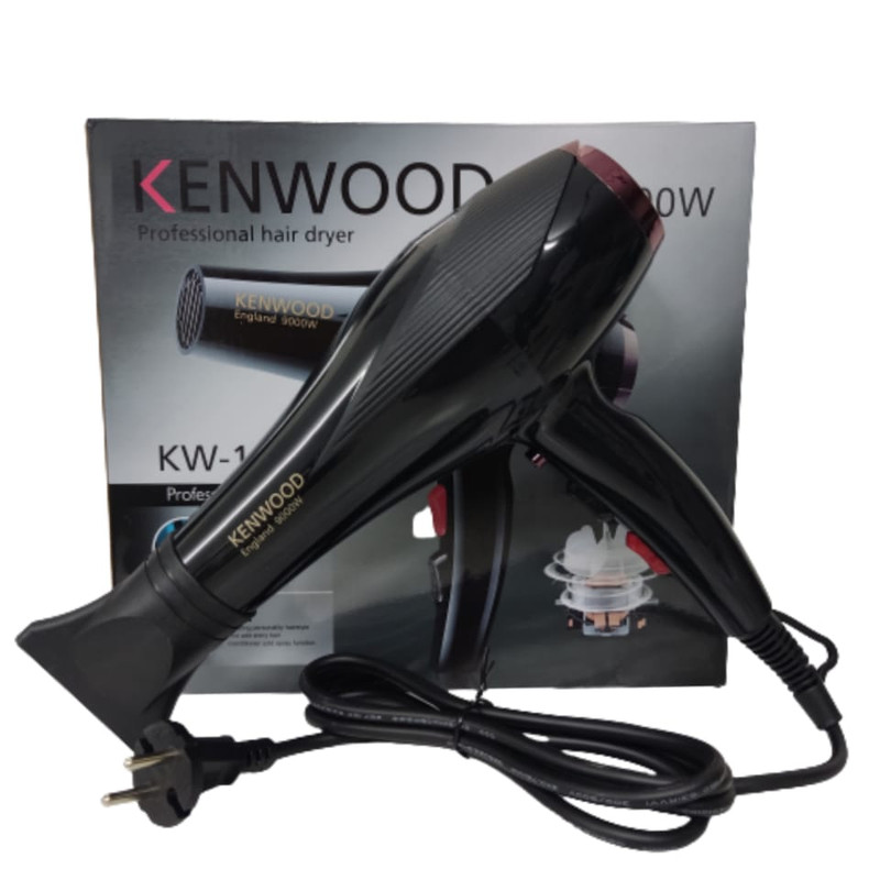 سشوار خانگی 2400 وات کنوود مدل KW-1011، موتور AC، وزن 500 گرم، المنت تیتانیوم، دارای سری متمرکزکننده باریک با ویژگی صافکنندگی، با قابلیت تنظیم دما، باد سرد، سیم گردان