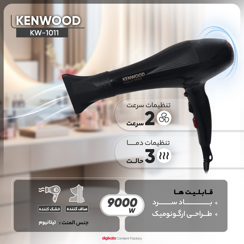 سشوار خانگی 2400 وات کنوود مدل KW-1011، موتور AC، وزن 500 گرم، المنت تیتانیوم، دارای سری متمرکزکننده باریک با ویژگی صافکنندگی، با قابلیت تنظیم دما، باد سرد، سیم گردان