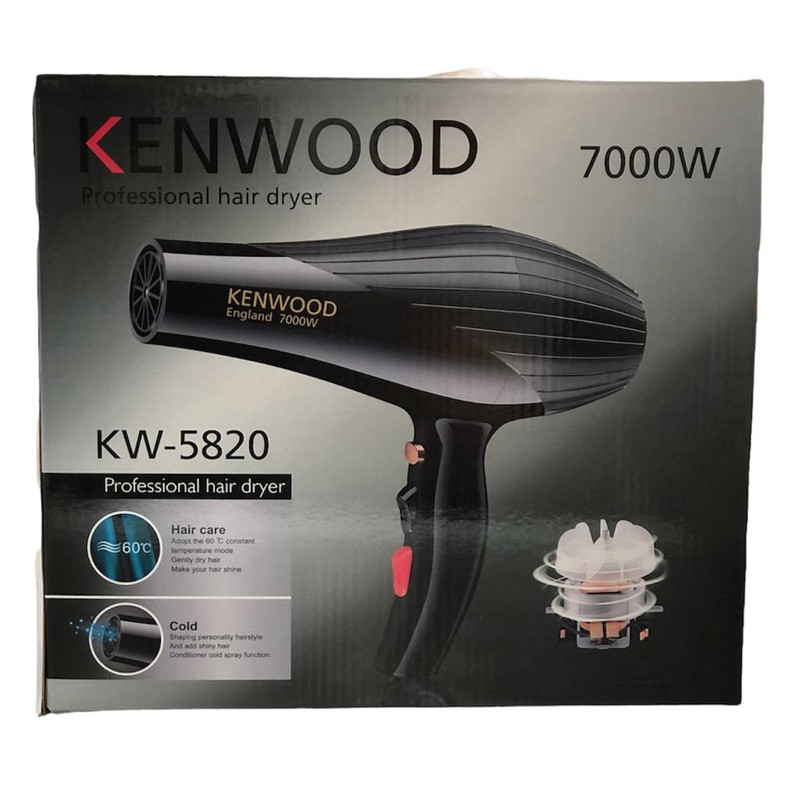 سشوار خانگی 9000 وات کنوود مدل kw-5820، موتور AC، وزن 700 گرم، المنت فلز، دارای سری متمرکزکننده پهن با ویژگی صافکنندگی، حجمدهندگی، با قابلیت باد سرد