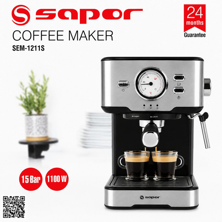 اسپرسوساز ساپر مدل SEM-1211S خانگی، 15 بار فشار بخار، 2 نازل قهوه، ظرفیت مخزن آب 2000 میلیلیتر