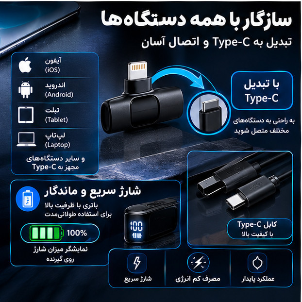 میکروفون یقهای مدل Tws با درگاه اتصال لایتینگ