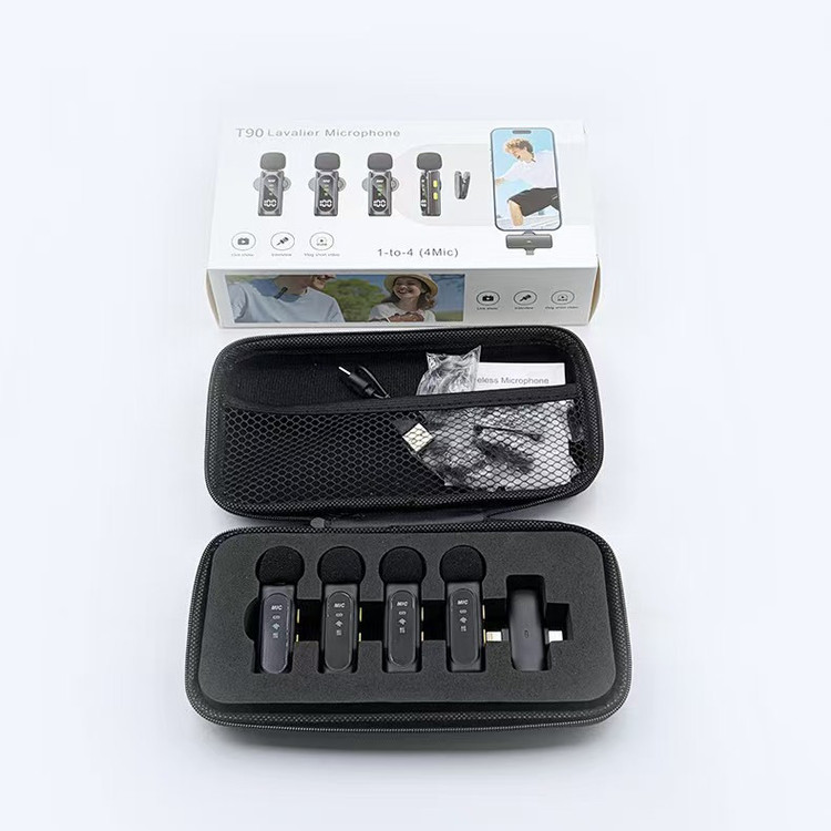 میکروفون حرفهای بیسیم مدل T90 4MIC با درگاه تایپ سی و لایتنینگ و 4 میکروفون