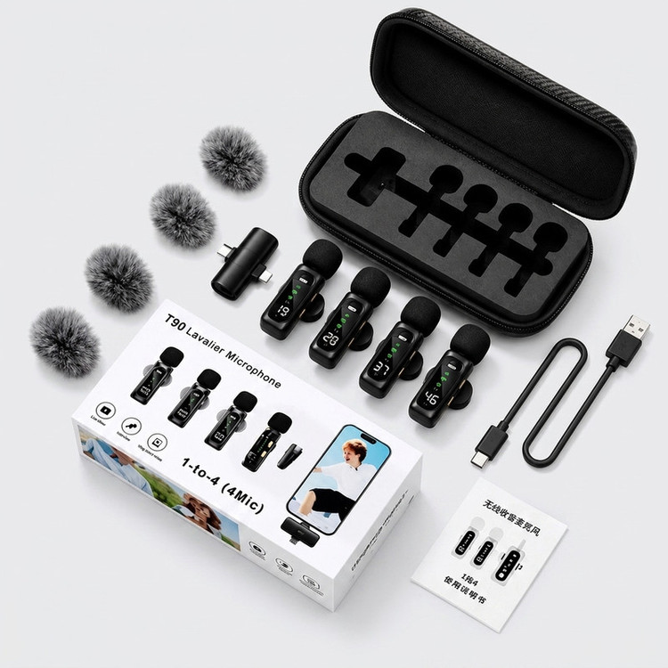 میکروفون حرفهای بیسیم مدل T90 4MIC با درگاه تایپ سی و لایتنینگ و 4 میکروفون